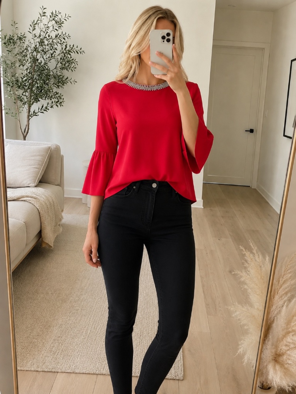 Faith and Joy Red Beaded Bell Sleeve Top Small Petite